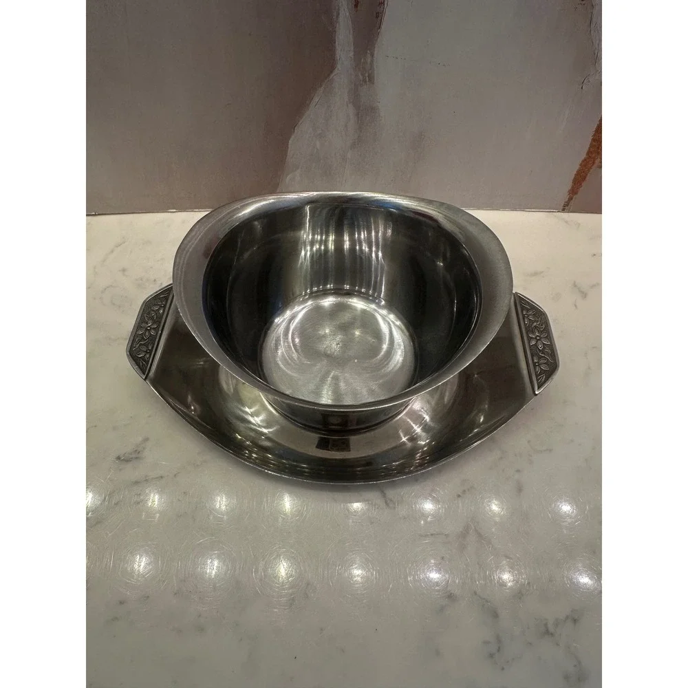 Vtg Stainless Steel Flower Emboss 70s MCM Japan‎ Butter Sugar Creamer Gravy Boat